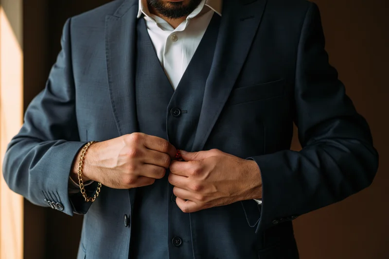 Man fastening a button on a steel-blue three-piece suit indoors