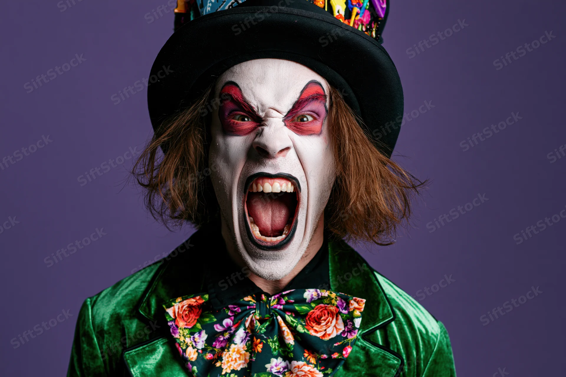 Man in mad hatter costume shouting with mouth wide open against purple background