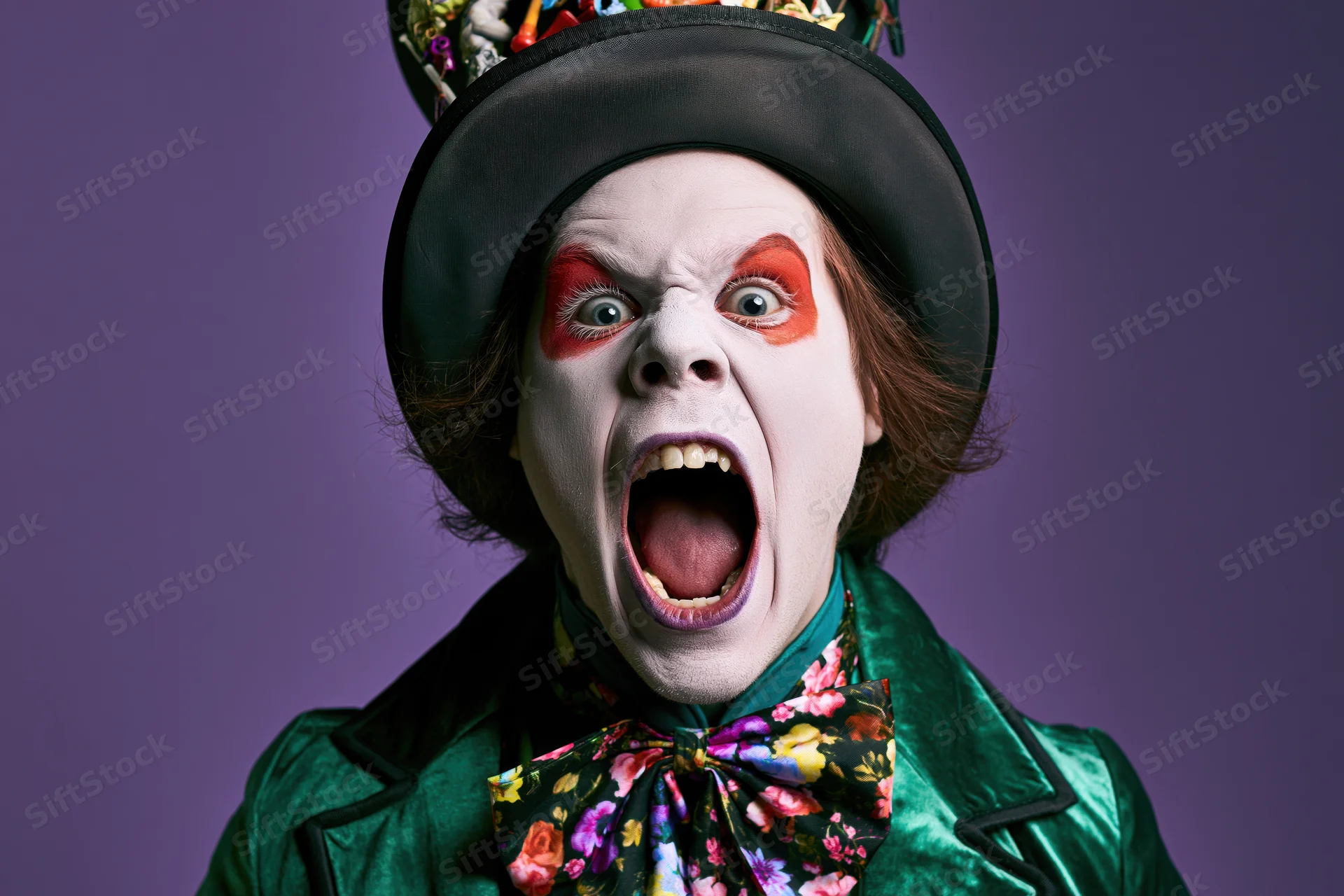 Man in mad hatter costume shouting with mouth wide open against purple background