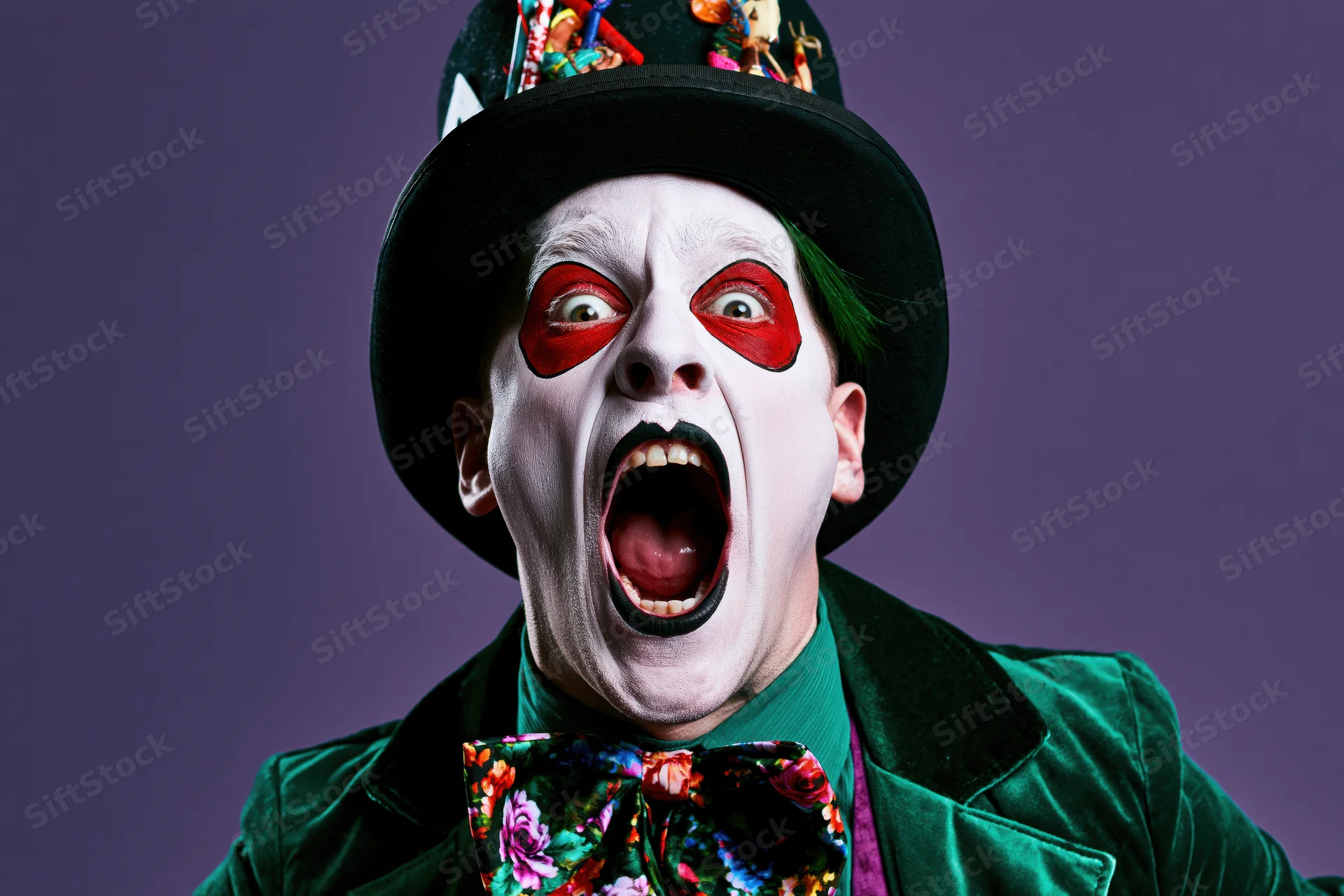 Man in mad hatter costume shouting with wide open mouth against purple background