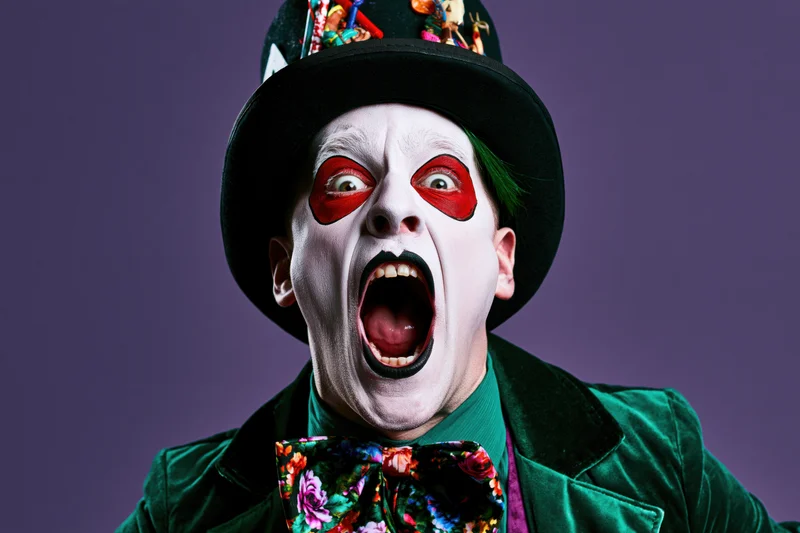 Man in mad hatter costume shouting with wide open mouth against purple background
