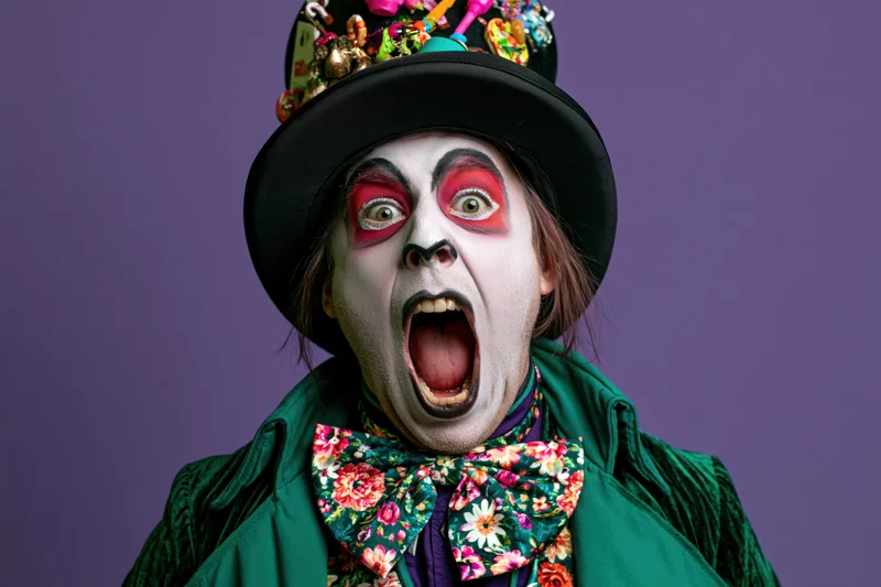 Man in mad hatter costume shouting with mouth wide open against purple background