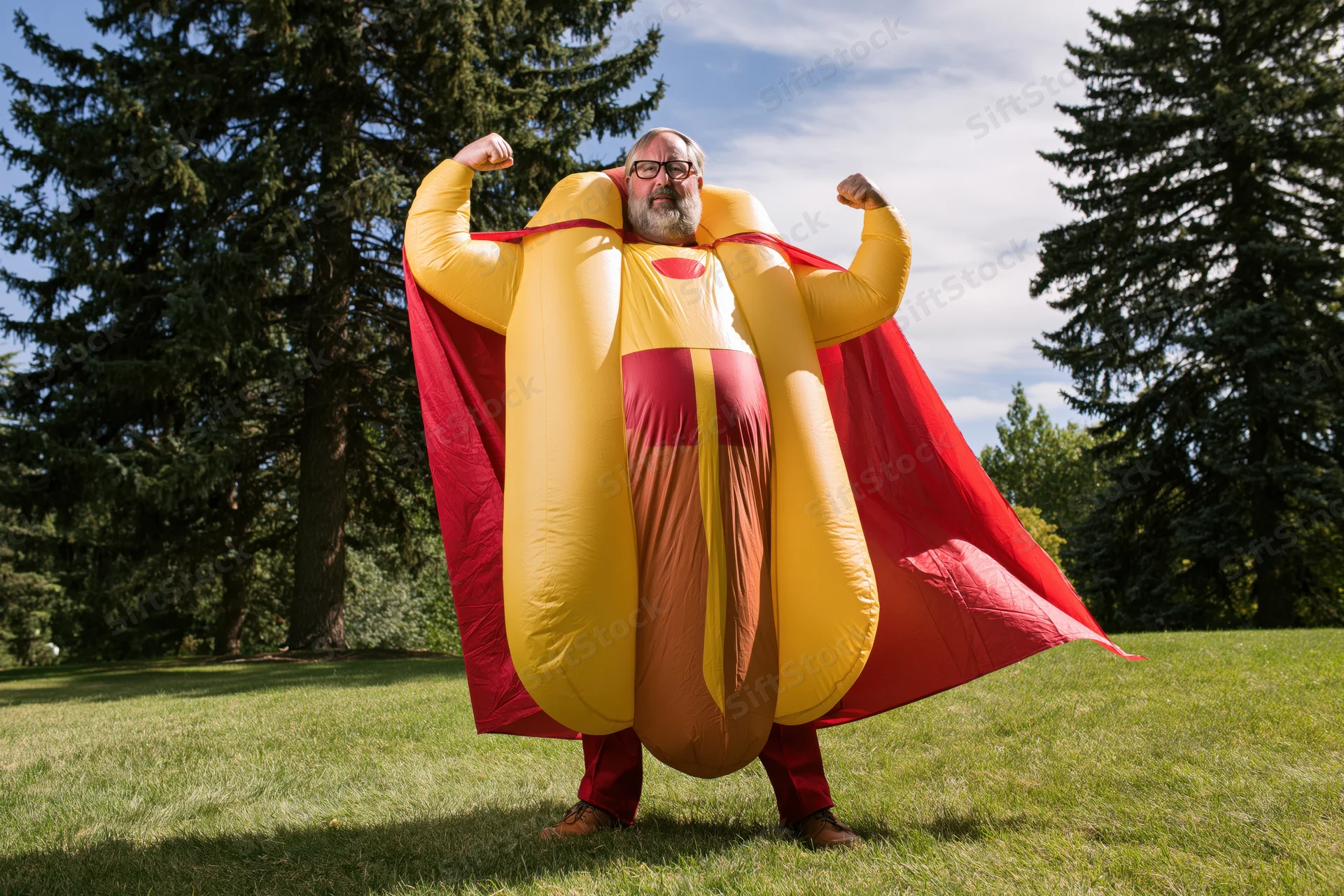 Man in inflatable hot dog costume with red cape flexing arms in park