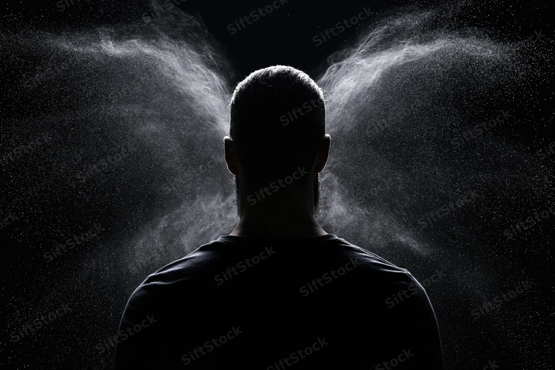 Silhouette of a man from behind with powder spraying around him against a black background