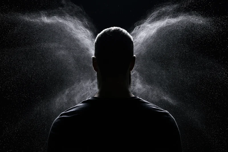 Silhouette of a man from behind with powder spraying around him against a black background