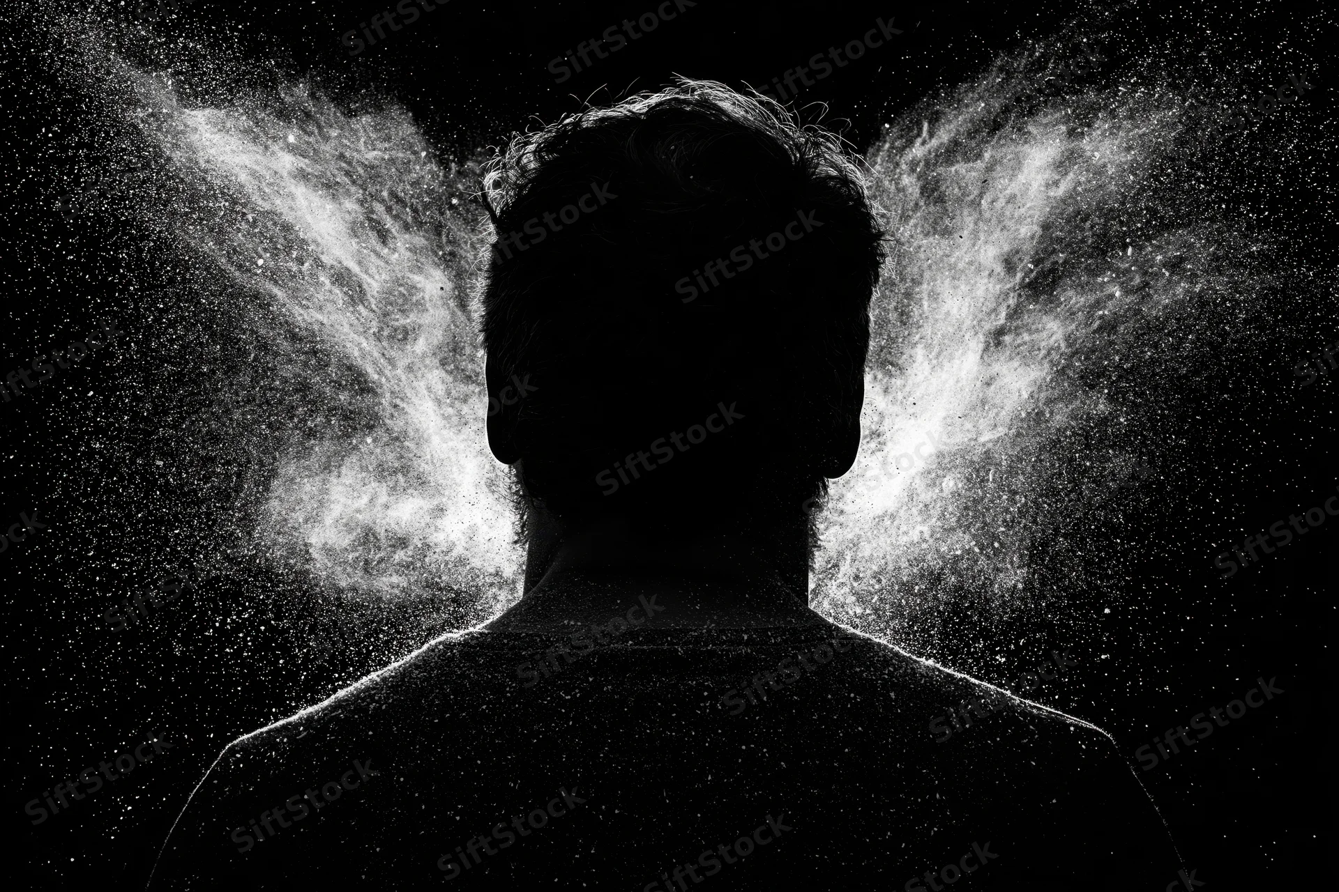 Silhouette of a man from behind with white powder exploding outward against a black background