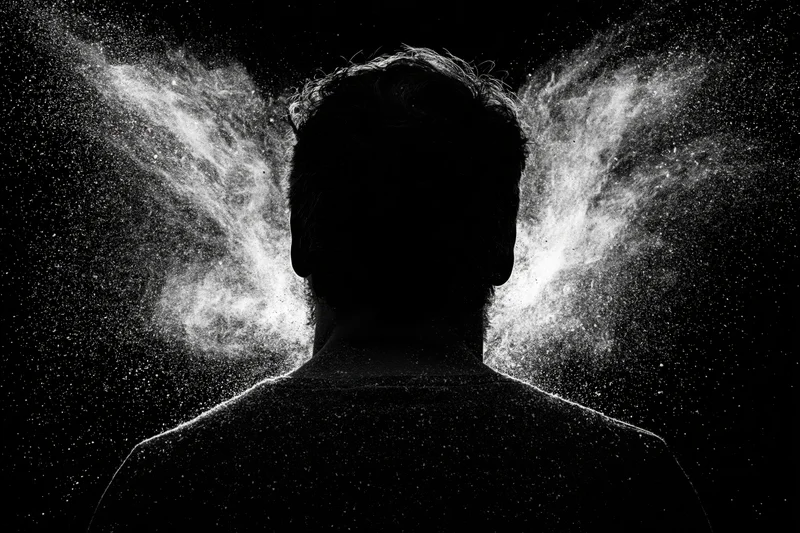 Silhouette of a man from behind with white powder exploding outward against a black background