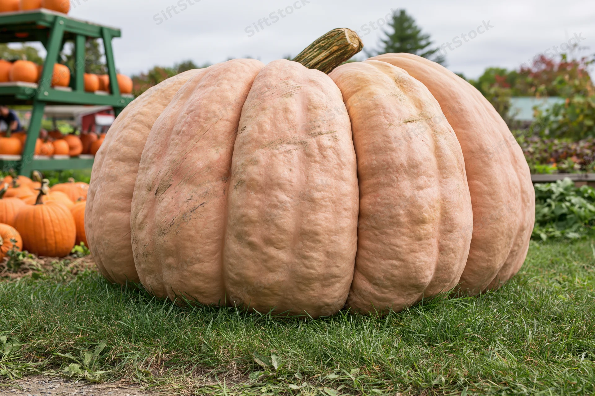 Massive atlantic giant pumpkin resting on green grass at a farm stand