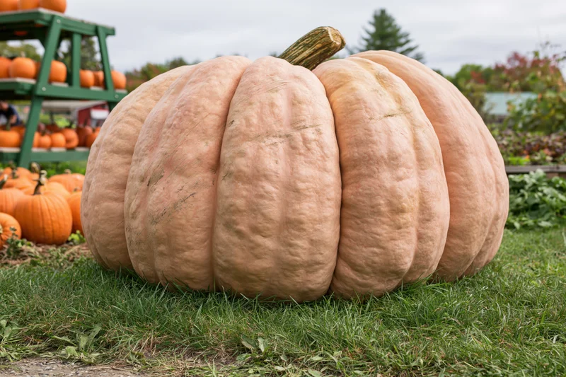 Massive atlantic giant pumpkin resting on green grass at a farm stand