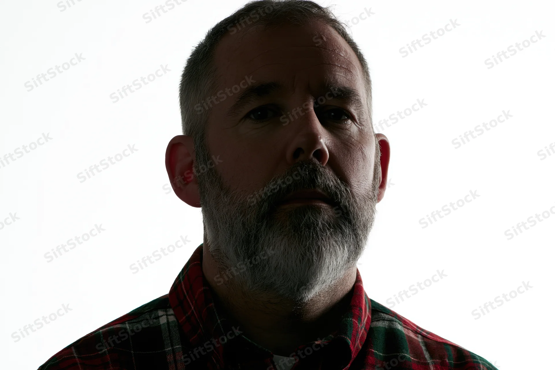 Middle-aged man with short grey beard and plaid shirt in studio portrait against white background