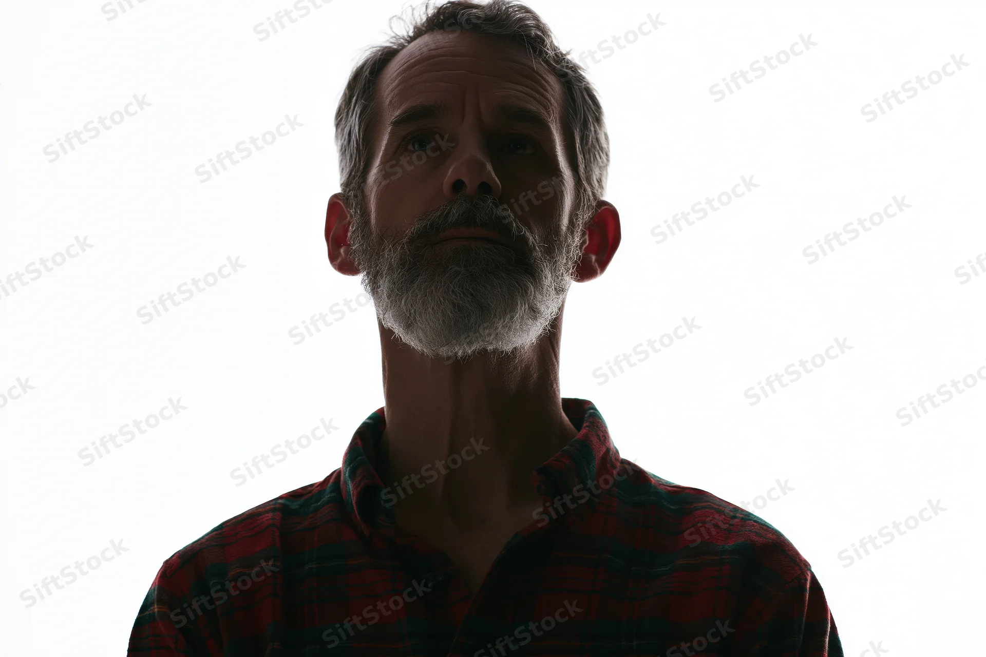 Middle-aged man with grey beard and plaid shirt in silhouette against white background