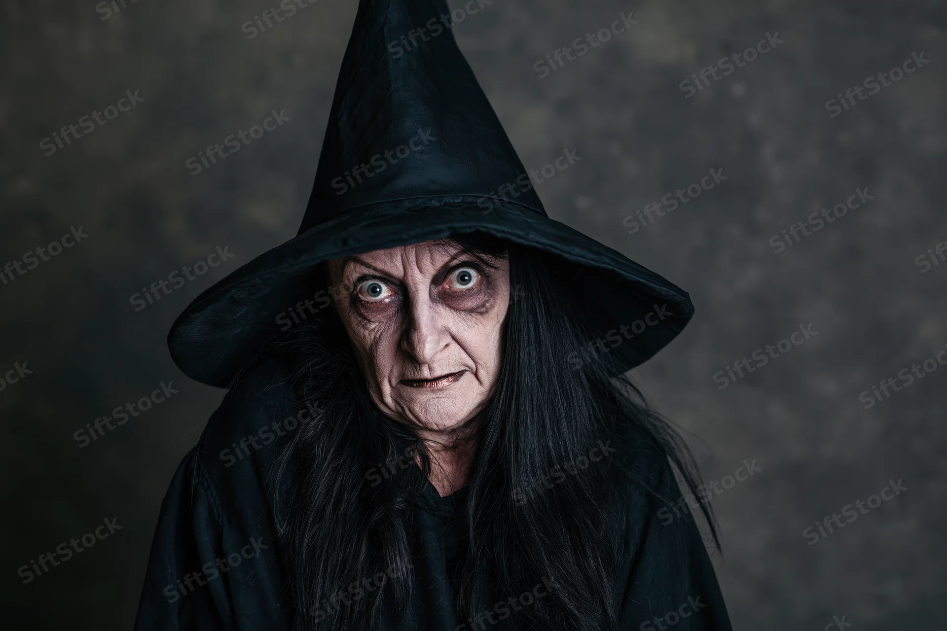 Old woman in black witch costume with wide eyes staring intensely in studio portrait