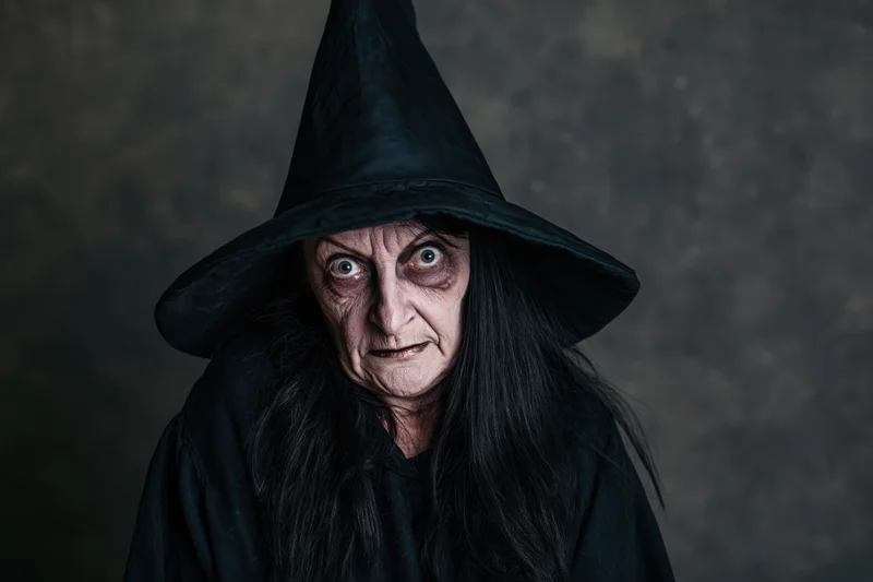 Old woman in black witch costume with wide eyes staring intensely in studio portrait