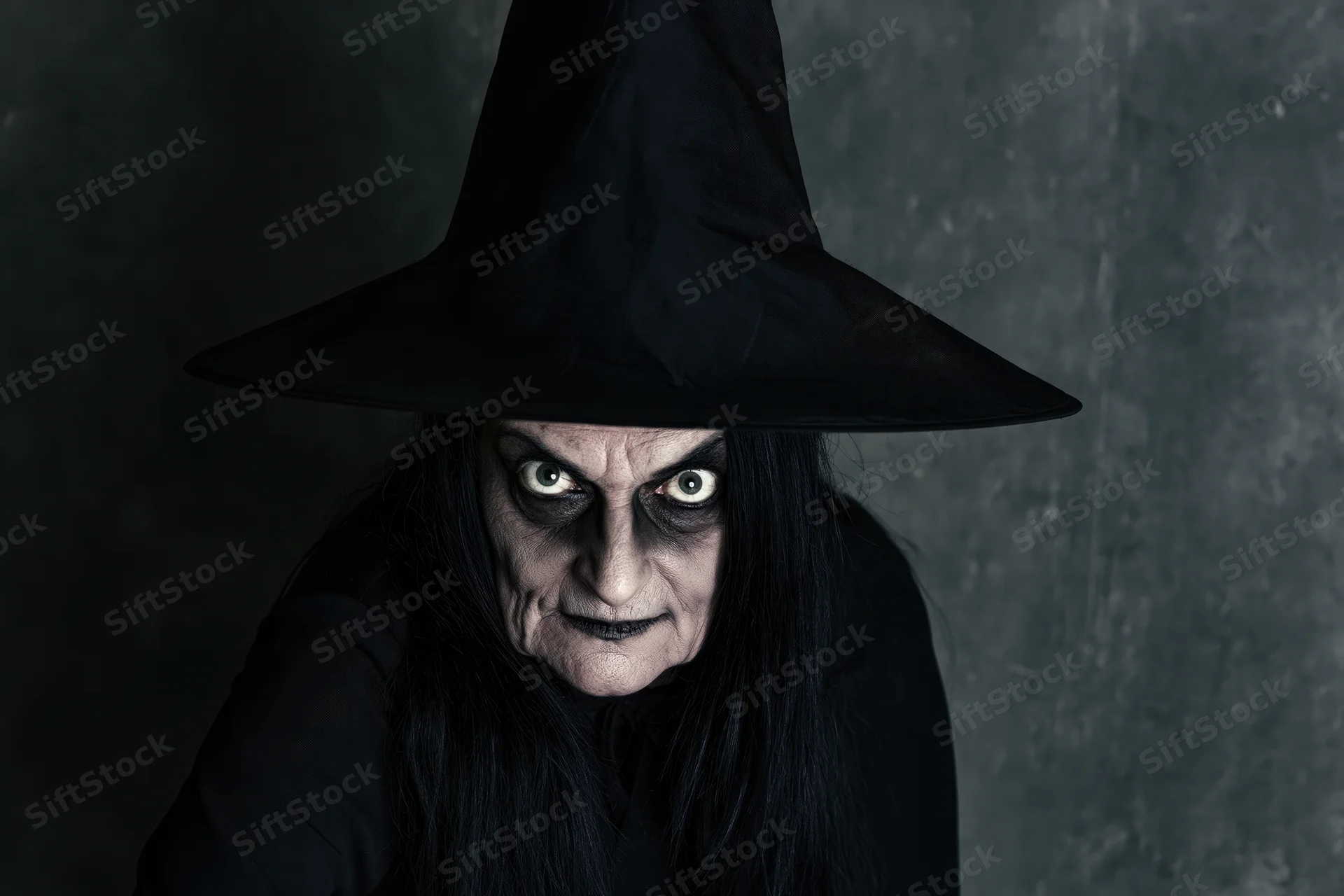 Woman in witch costume with wide eyes staring intensely against dark background
