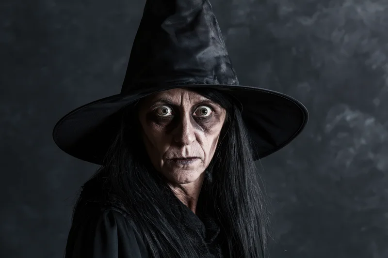 Woman in witch costume with wide eyes staring at camera against dark background