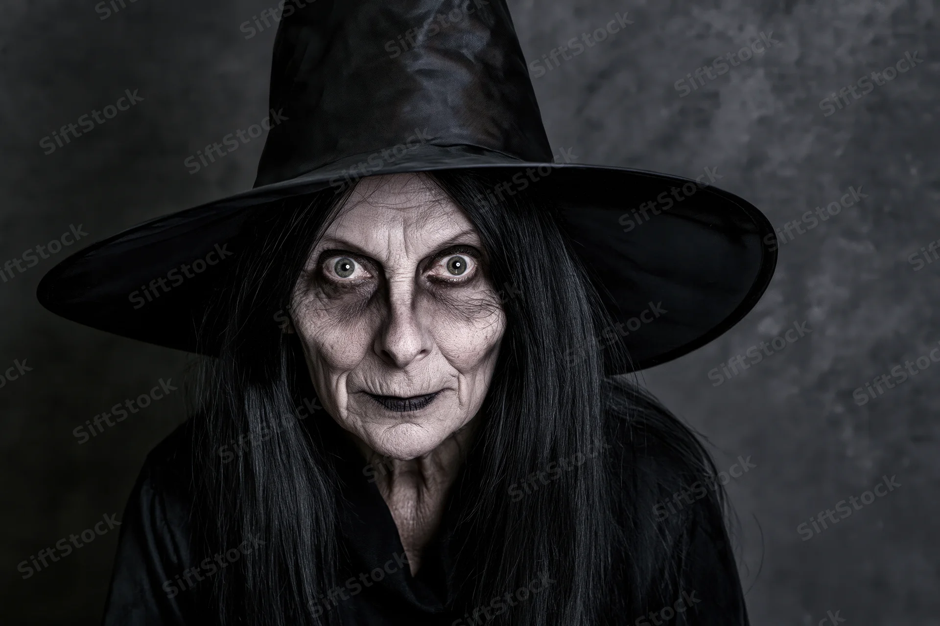 Old woman in black witch costume with wide eyes staring at camera in studio setting