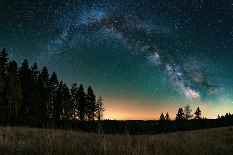 Milky way arching over dark forest silhouette at night