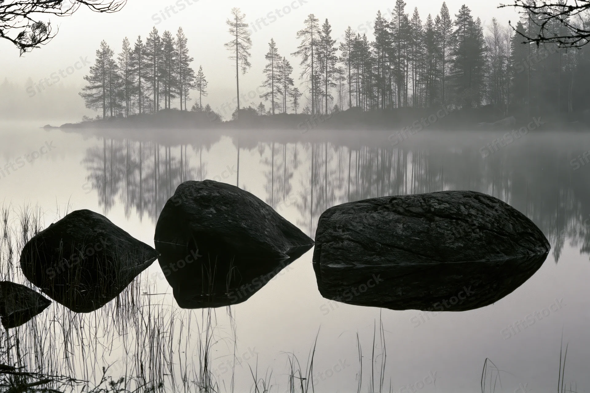 Misty boreal lake at early morning with dark granite boulders in still water reflecting forested shoreline