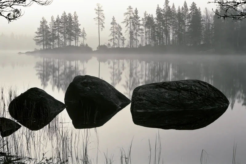 Misty boreal lake at early morning with dark granite boulders in still water reflecting forested shoreline
