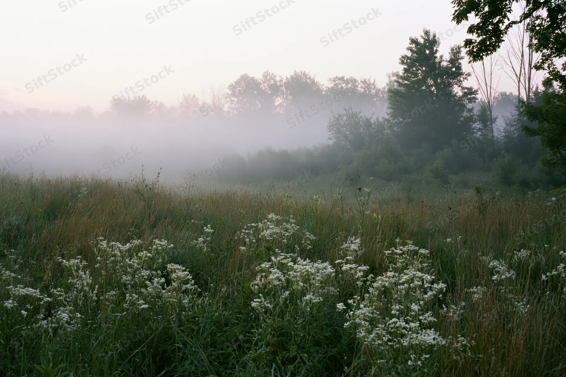 Misty meadow at dawn with tall grasses and white wildflowers in the foreground