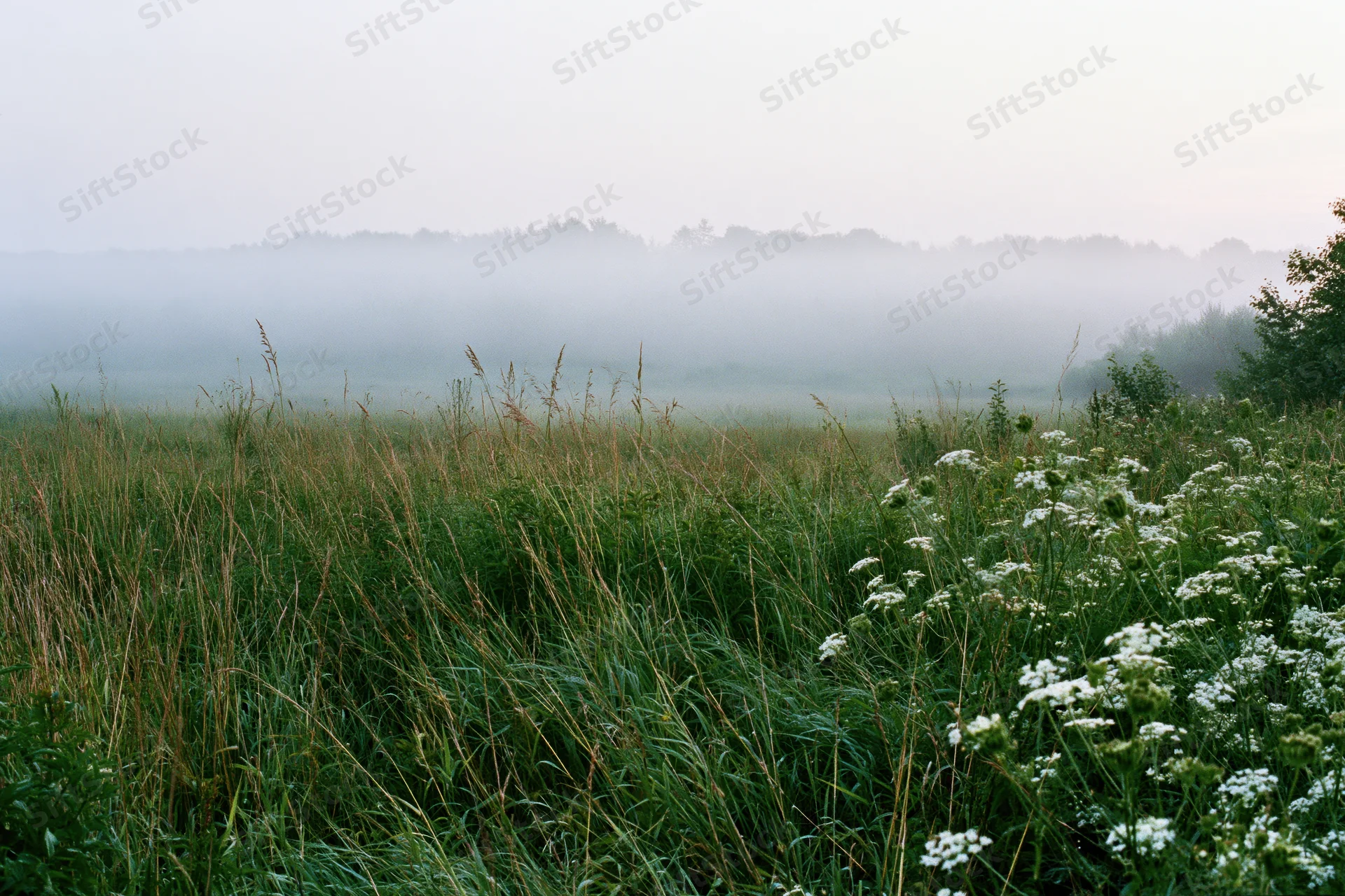 Misty meadow at dawn with tall grasses and white wildflowers in the foreground