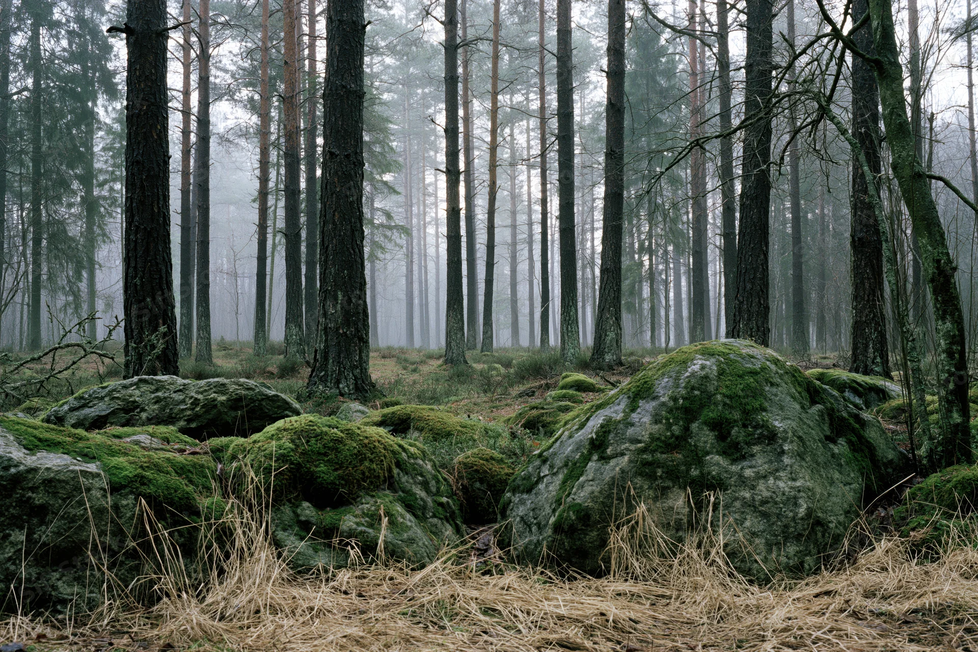 Moss-covered rocks and dry grass in a foggy pine forest