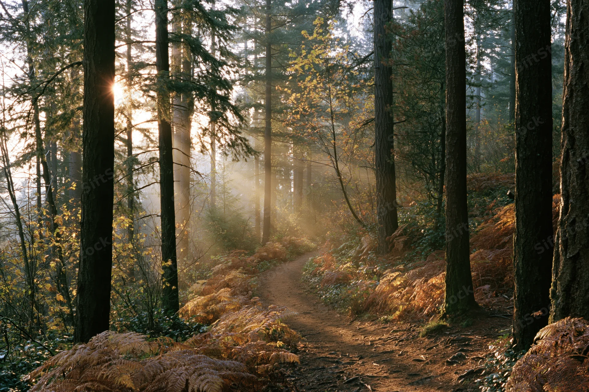 Narrow dirt path winding through tall spruce and pine trees in a misty forest at sunrise