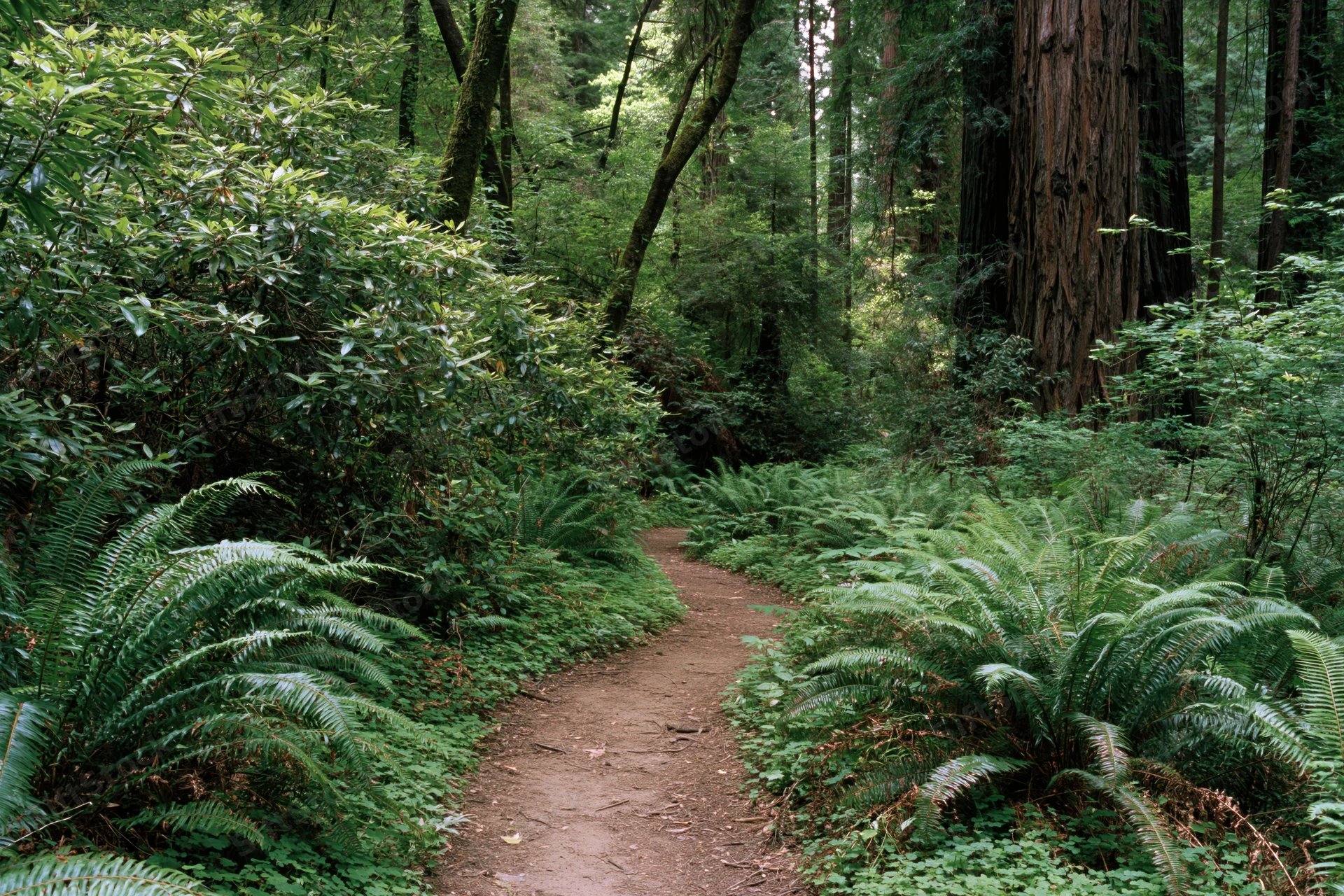 Narrow dirt trail winding through dense old-growth redwood forest with ferns and towering trees