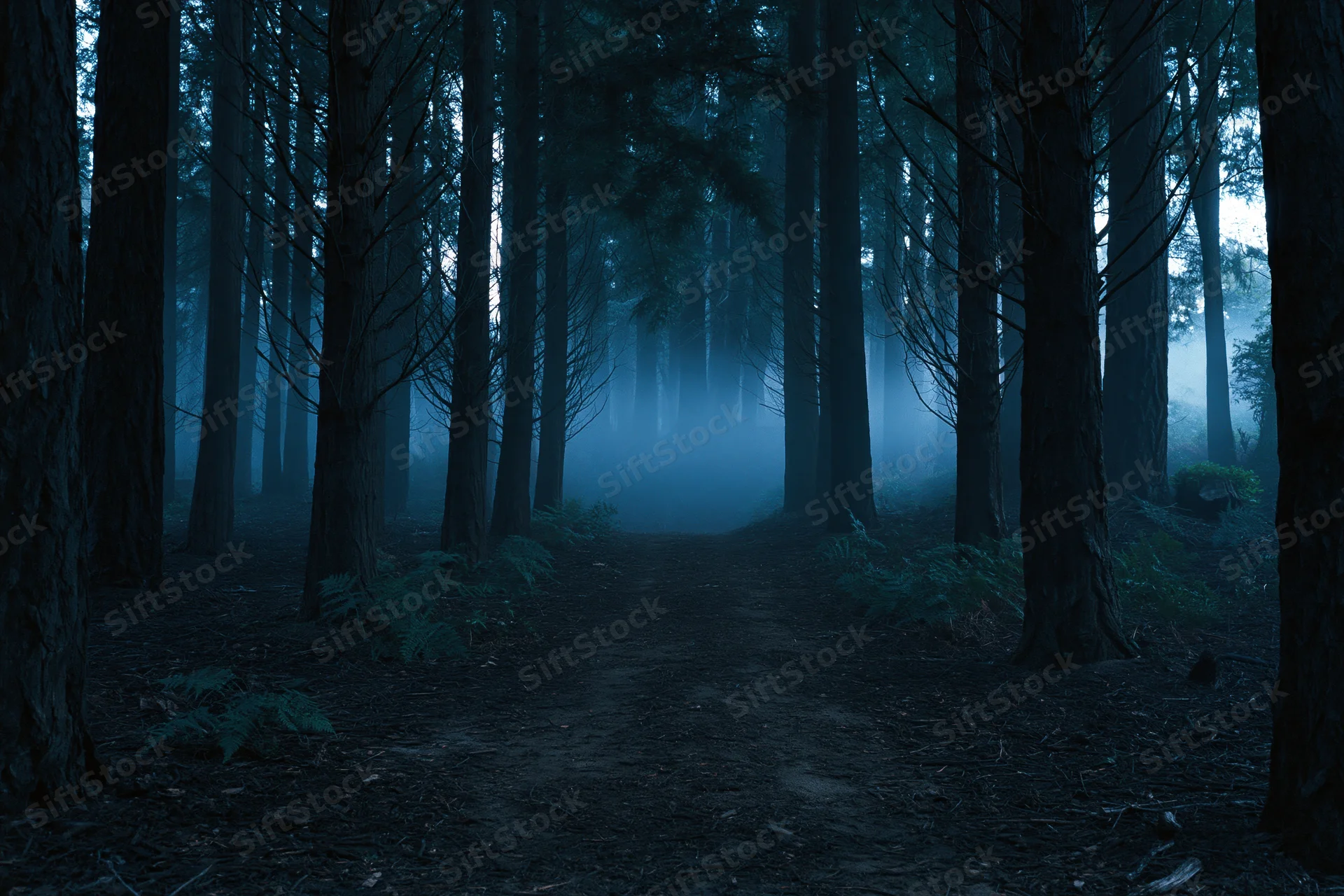 Narrow dirt path winding through a foggy forest at twilight