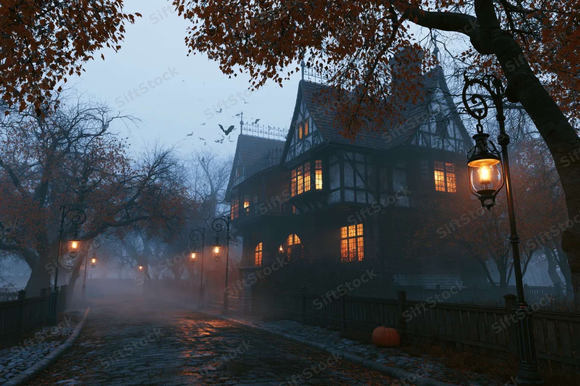 Old tudor-style haunted house with glowing windows on a foggy autumn street at dusk