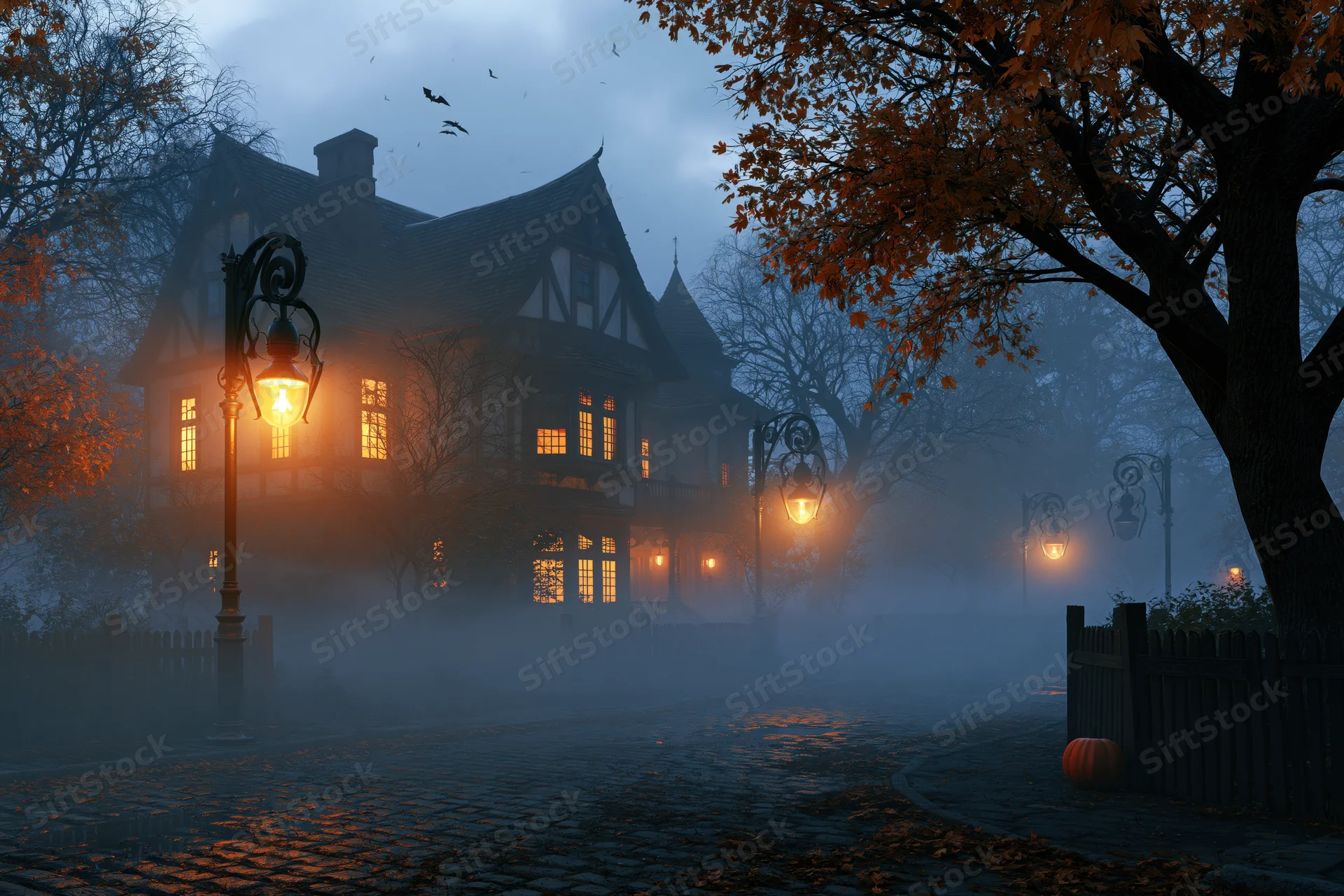 Old tudor-style haunted house with glowing windows and street lamps on a foggy autumn street at dusk