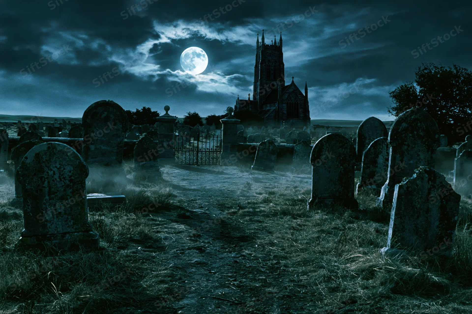Old graveyard at night with crumbling headstones lining a path toward a gothic church under a full moon