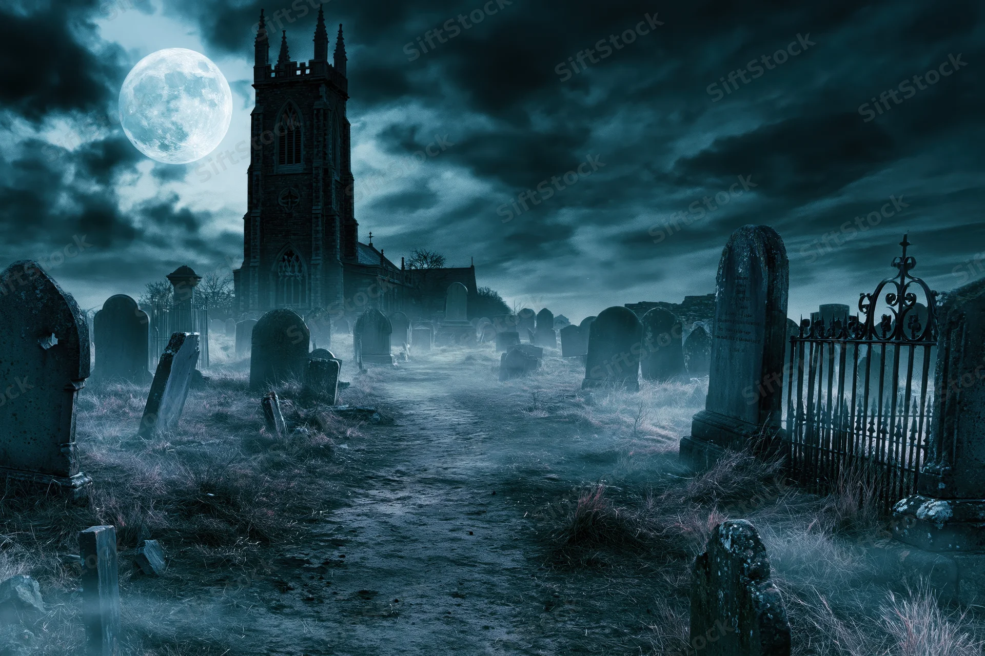 Old graveyard at night with crumbling headstones lining a path toward a gothic church under a full moon