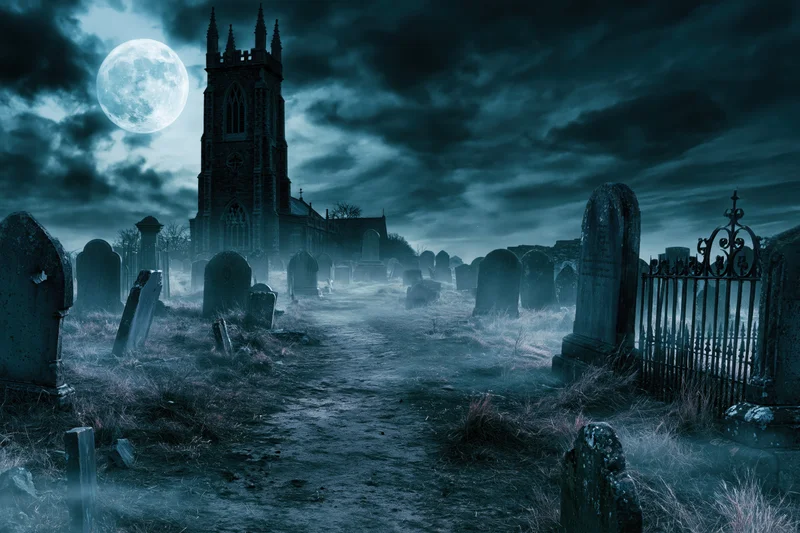 Old graveyard at night with crumbling headstones lining a path toward a gothic church under a full moon