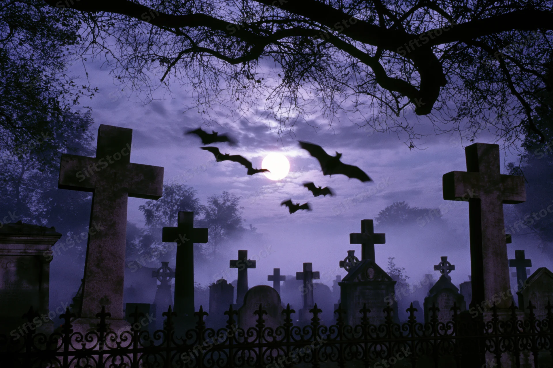 Old graveyard at night with stone cross headstones and flying bats under a full moon, surrounded by fog and bare trees