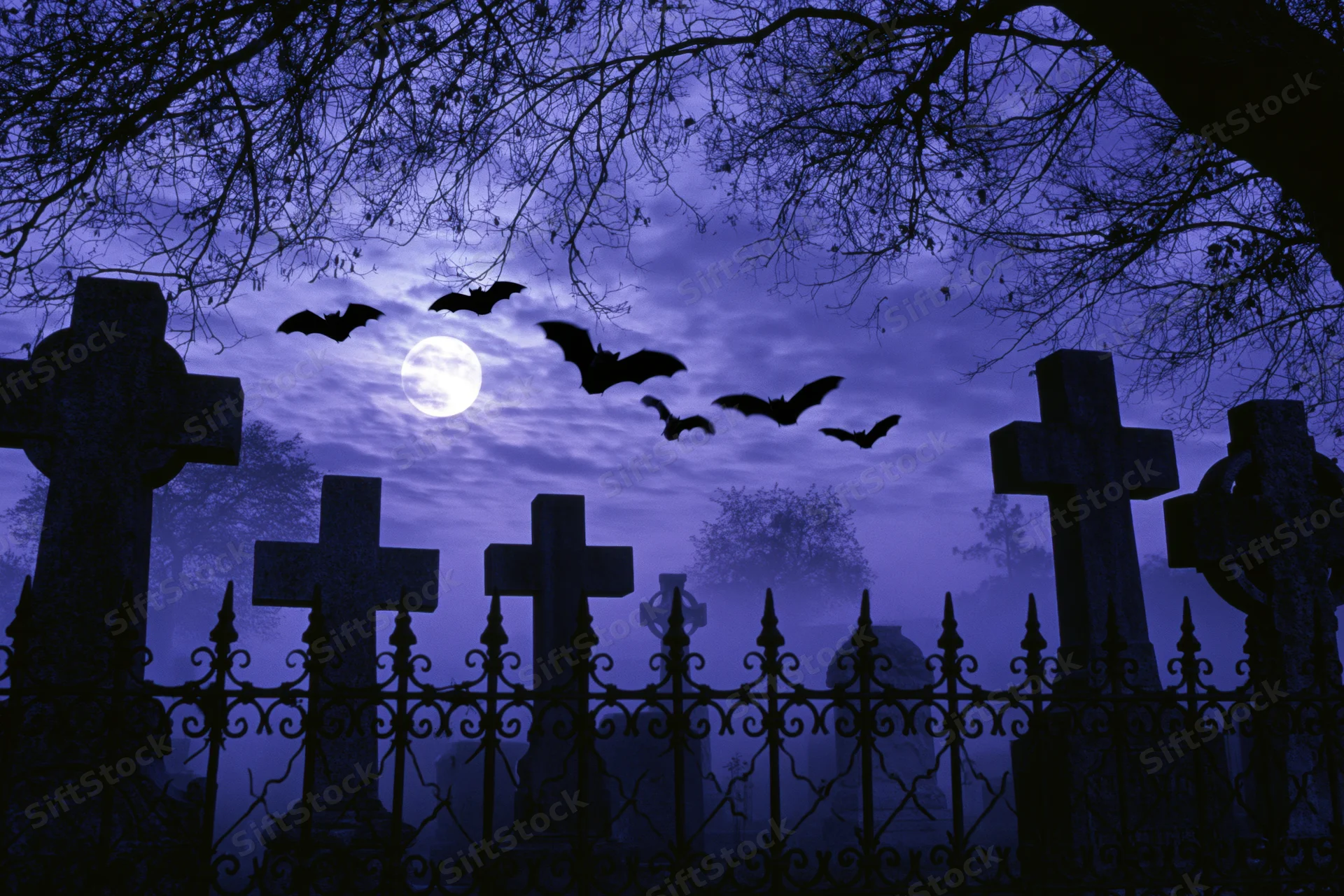 Silhouetted stone crosses and wrought iron fence in a foggy graveyard at night with bats flying under a full moon