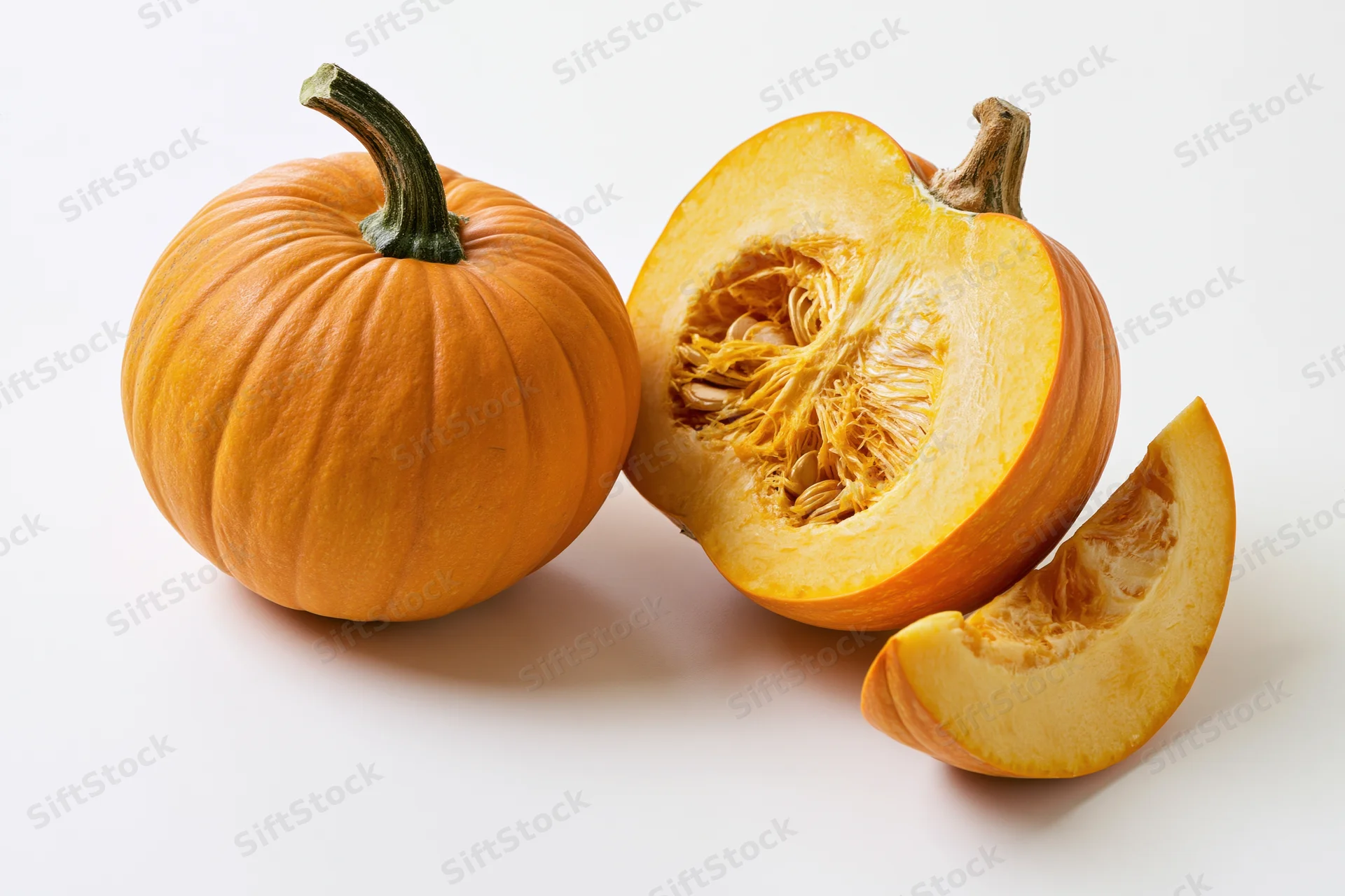 Whole and sliced orange pumpkin with visible seeds and fibrous pulp on white surface