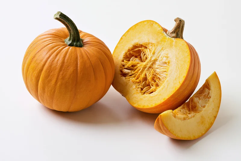 Whole and sliced orange pumpkin with visible seeds and fibrous pulp on white surface