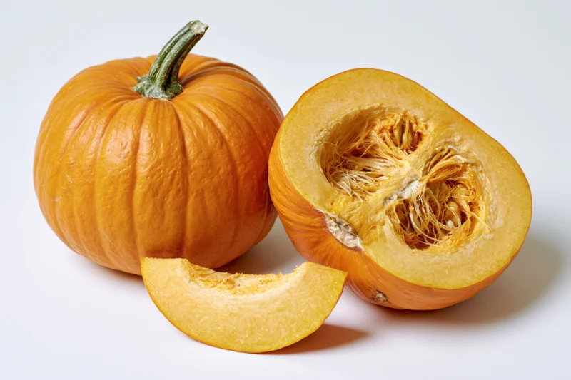 Whole and halved orange pumpkin with a slice on white background