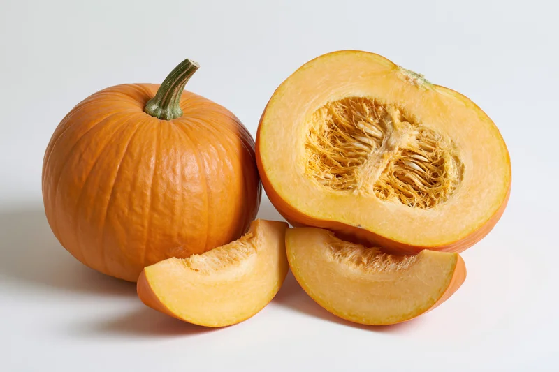 Whole and sliced orange pumpkin with stem on white background