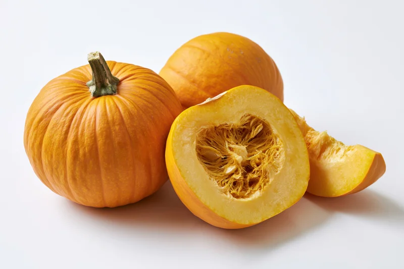 Whole and sliced orange pumpkin with visible seeds and pulp on white background
