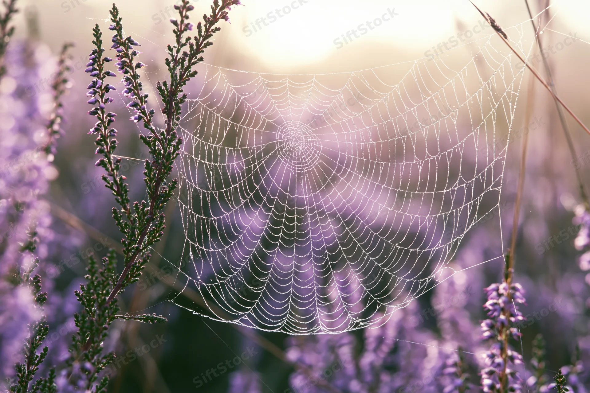 Dew-covered orb-weaver spiderweb stretched between purple heather stems in a sunlit meadow
