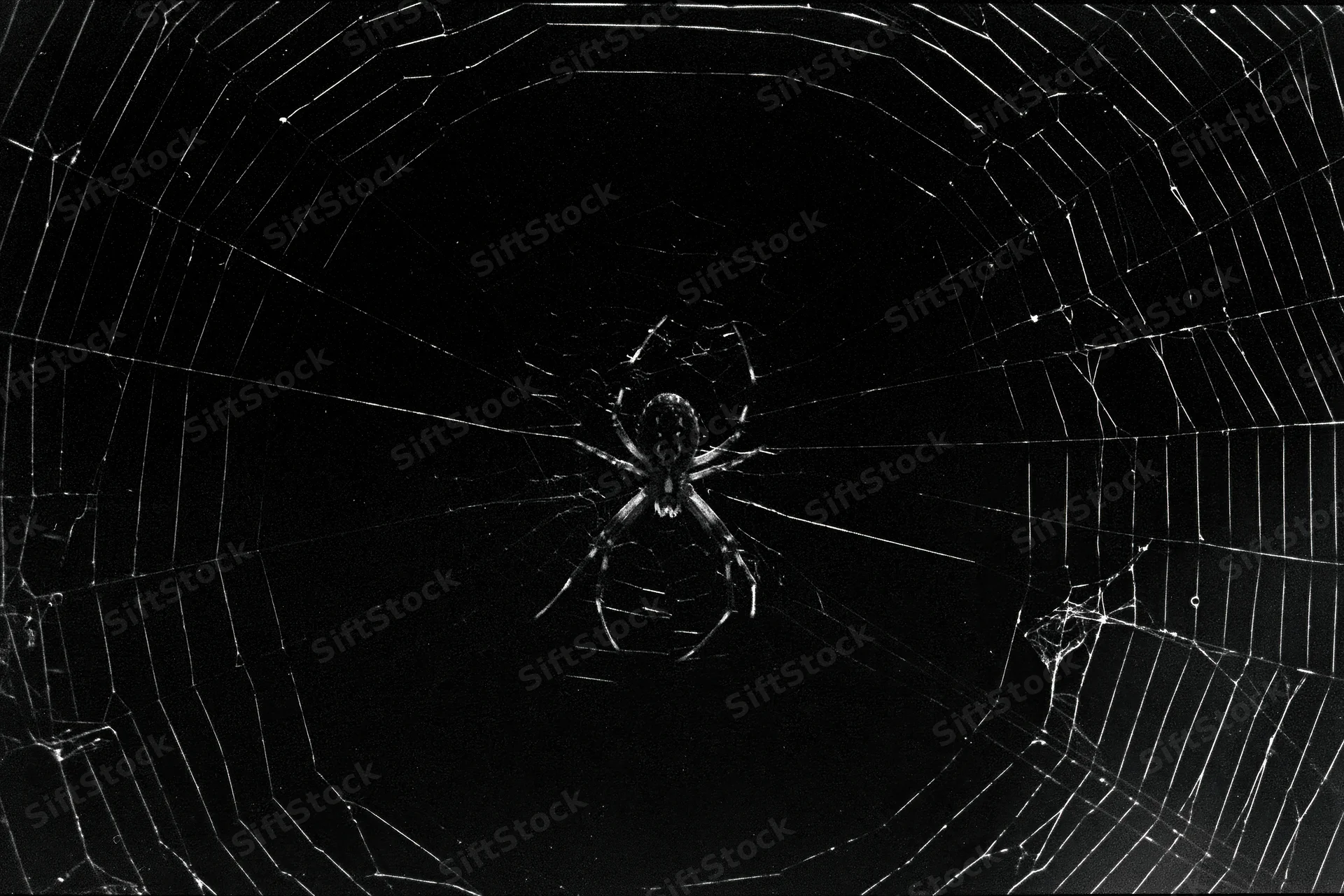 Orbweaver spider resting at center of large circular web against dark background