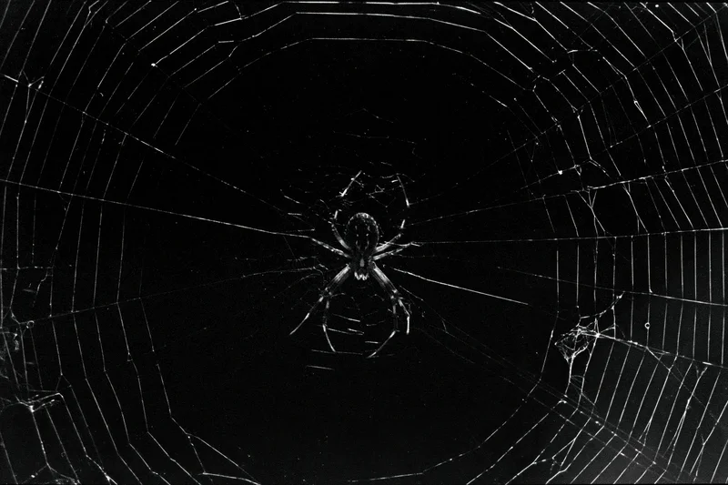 Orbweaver spider resting at center of large circular web against dark background