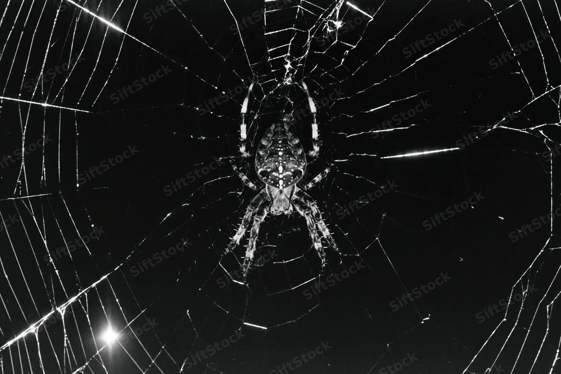 Orbweaver spider resting at center of large circular web at night