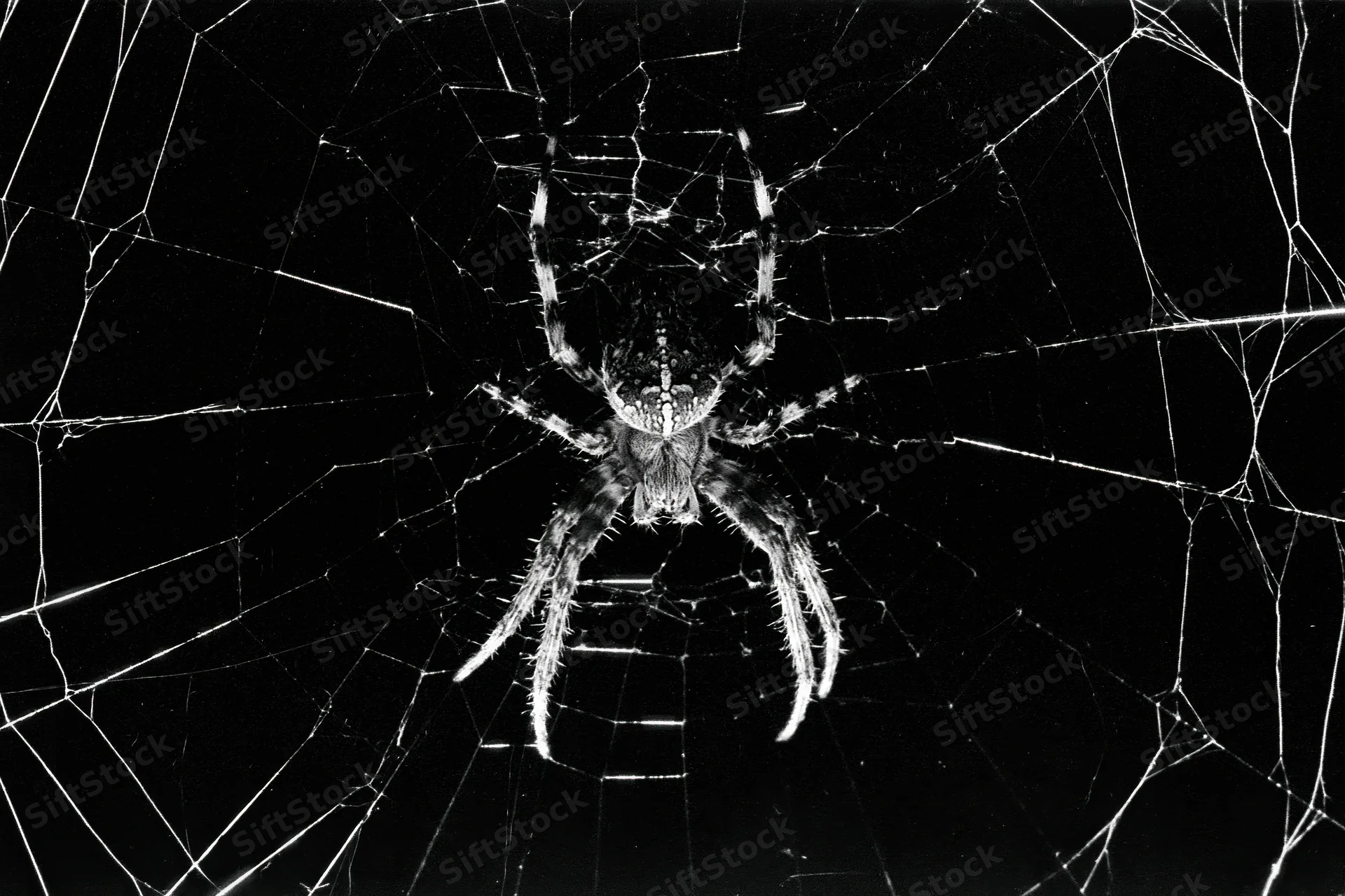Orbweaver spider resting at center of circular web against dark background