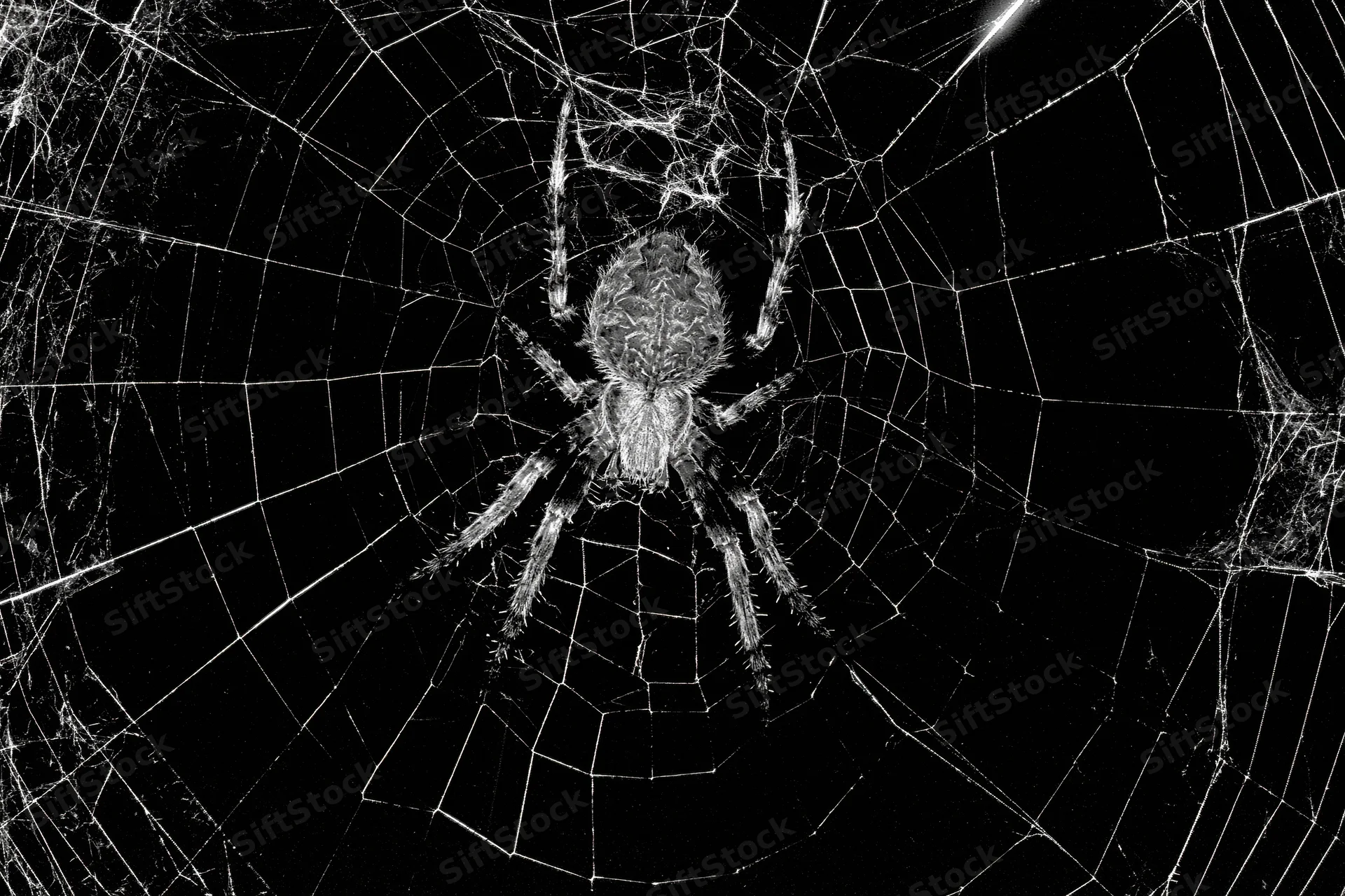 Orbweaver spider resting at center of circular web against dark background