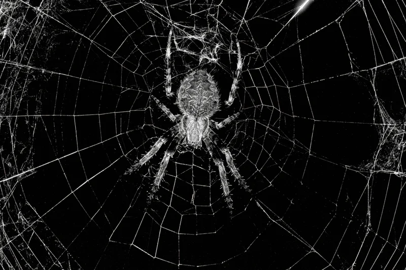 Orbweaver spider resting at center of circular web against dark background