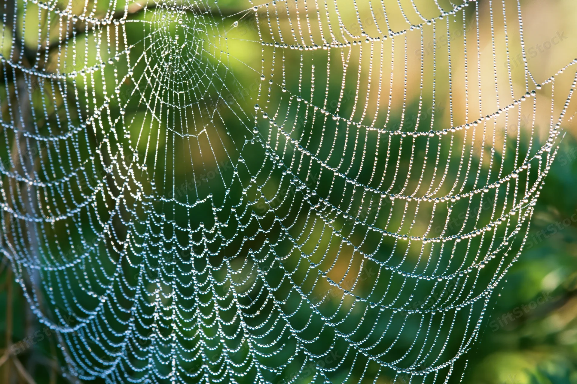 Close-up of an orb weaver spiderweb covered in dew droplets in a green outdoor setting