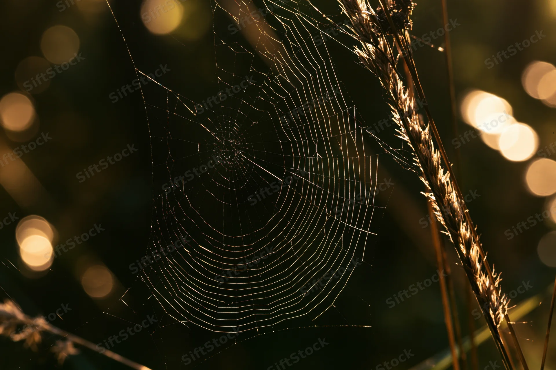 Intricate orb weaver spiderweb stretched between dry grass stems in a sunlit field at dusk